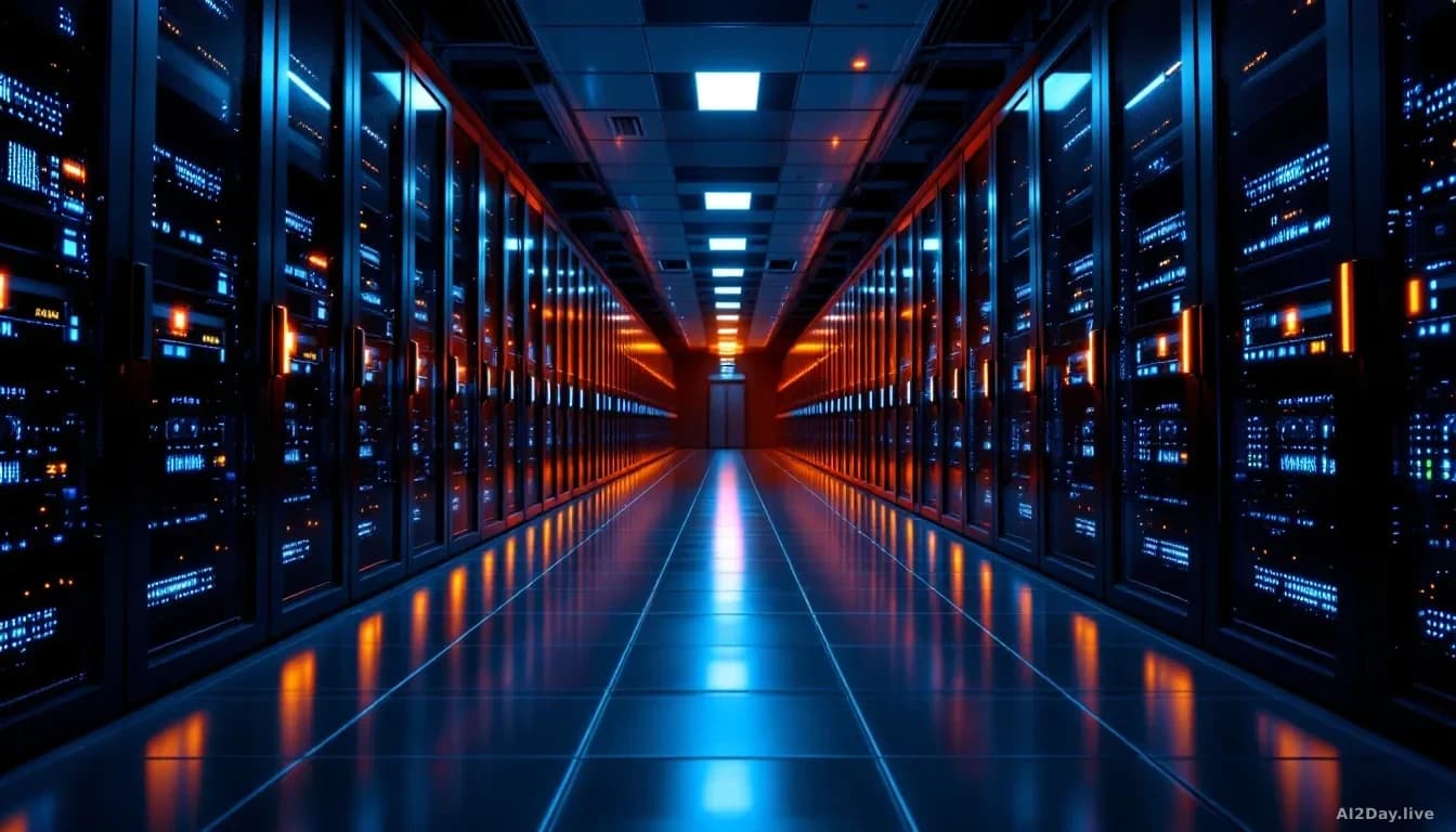 16:9 editorial photograph of a large, dimly lit data center server room at night, rows of glowing rack servers stretching into the distance, cool blue and amber