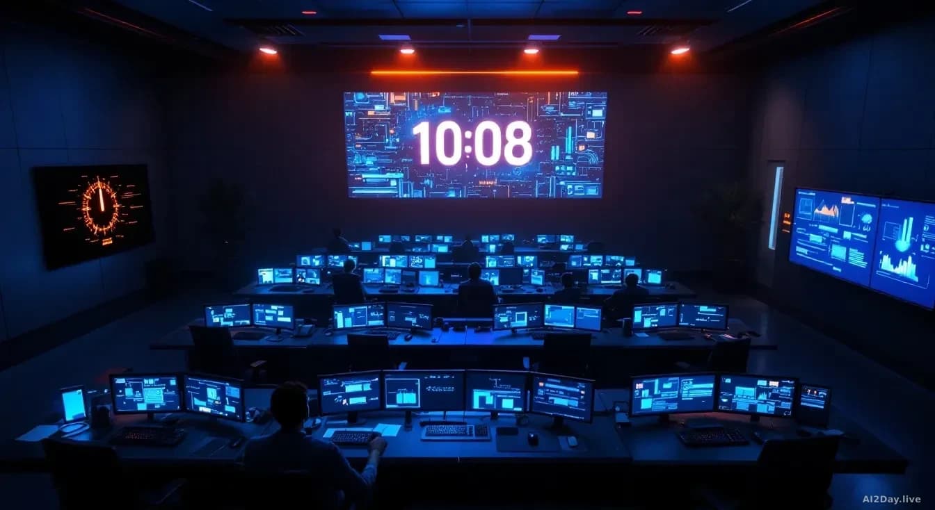 Full-frame edge-to-edge photoreal overhead view of an empty modern security operations center at night, multiple dark monitors glowing faint blue with abstract 