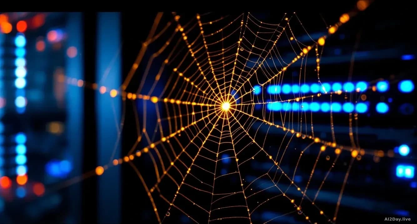 Macro photograph of a glowing amber spider web stretched across a dark server rack interior, dew droplets catching the rack's blue LED light, sharp focus on the