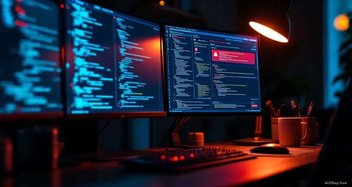 Full-frame photoreal editorial shot of a developer workstation at night, multiple monitors showing abstract code and an error-tracking dashboard with blurred un