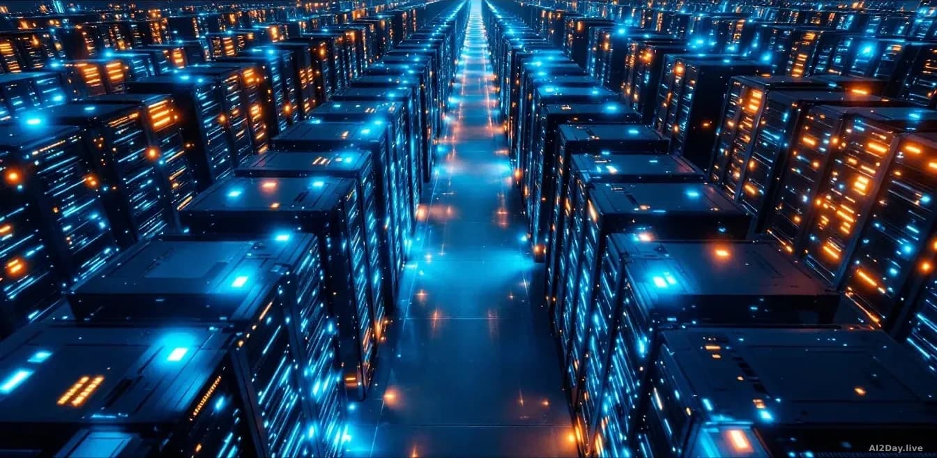 Aerial view of a dense server farm at night, racks of blinking lights stretching to the horizon, cool blue and amber tones, sharp focus on repeating hardware ge