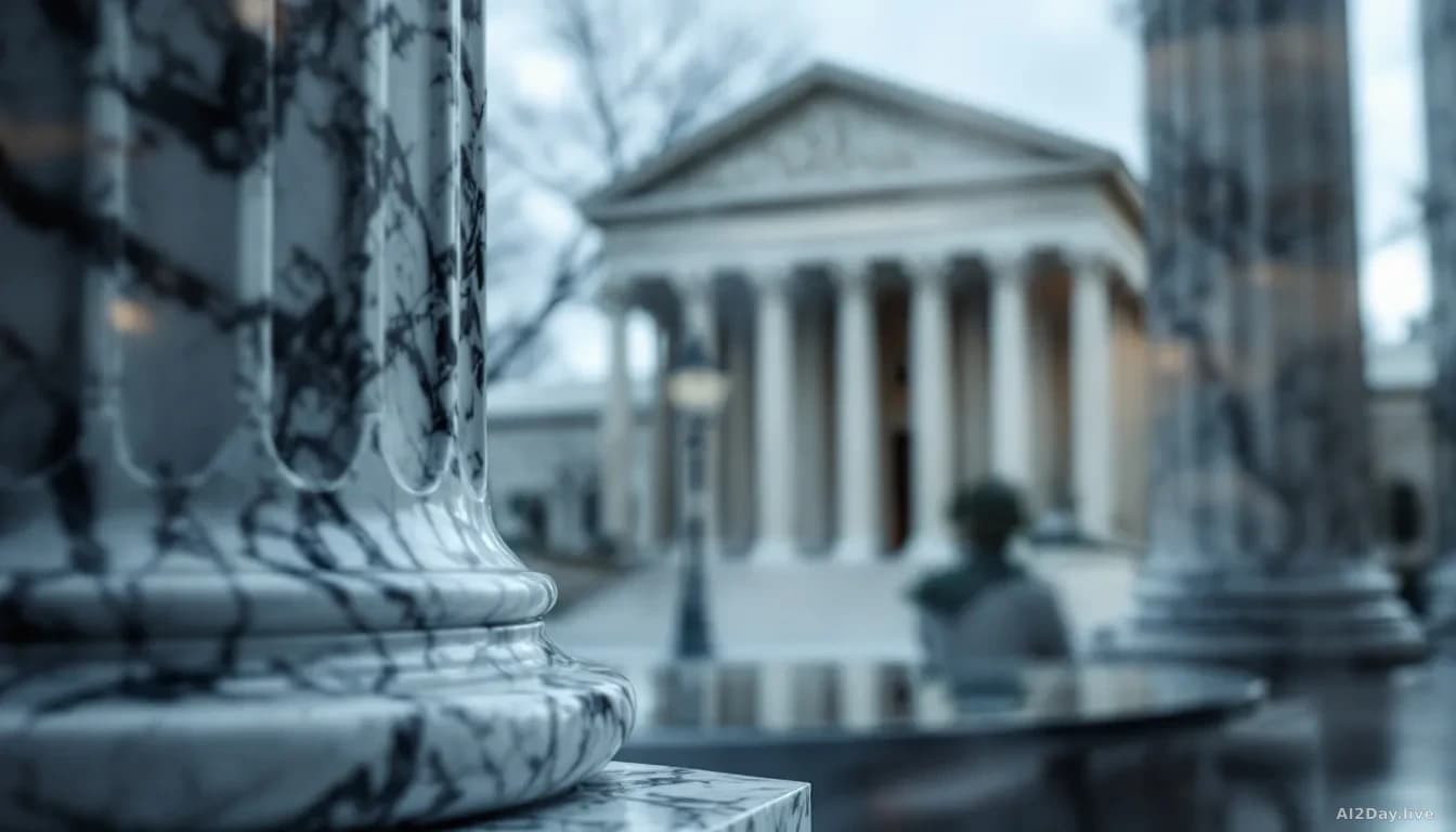 Full-frame edge-to-edge photoreal news-editorial image of a marble courthouse pillar reflected in a smartphone screen showing a generic blurred text-message int
