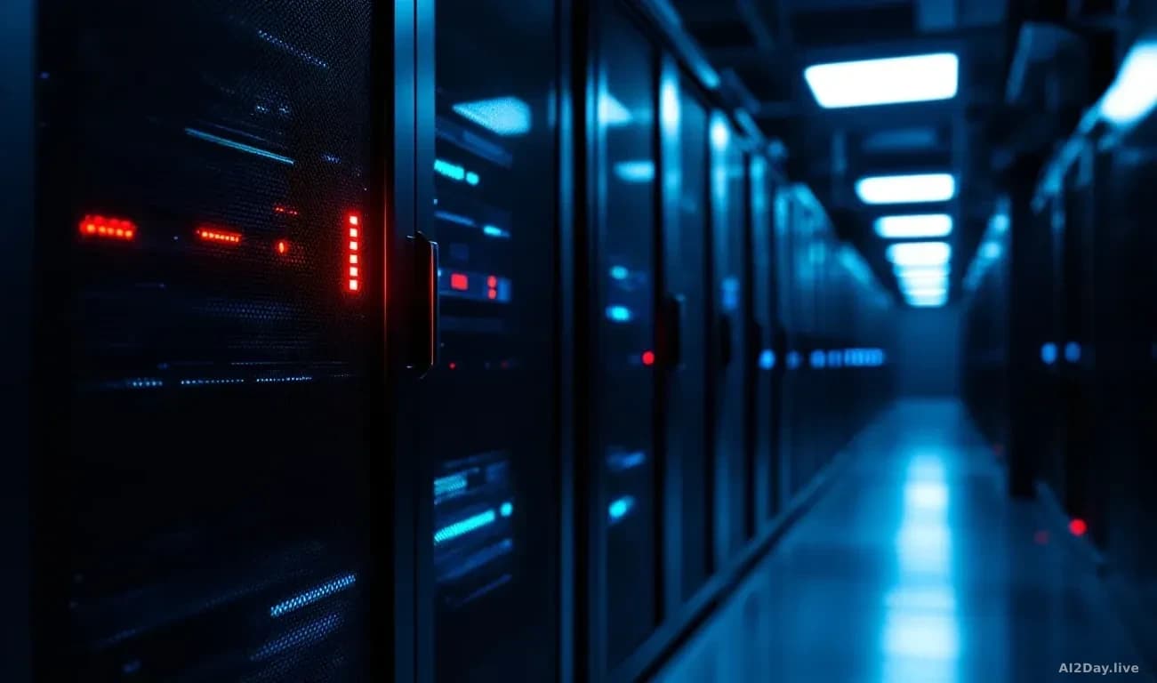 Full-frame edge-to-edge 16:9 photoreal news-editorial image of a darkened server room with one rack illuminated by a red status light, suggesting an emergency s