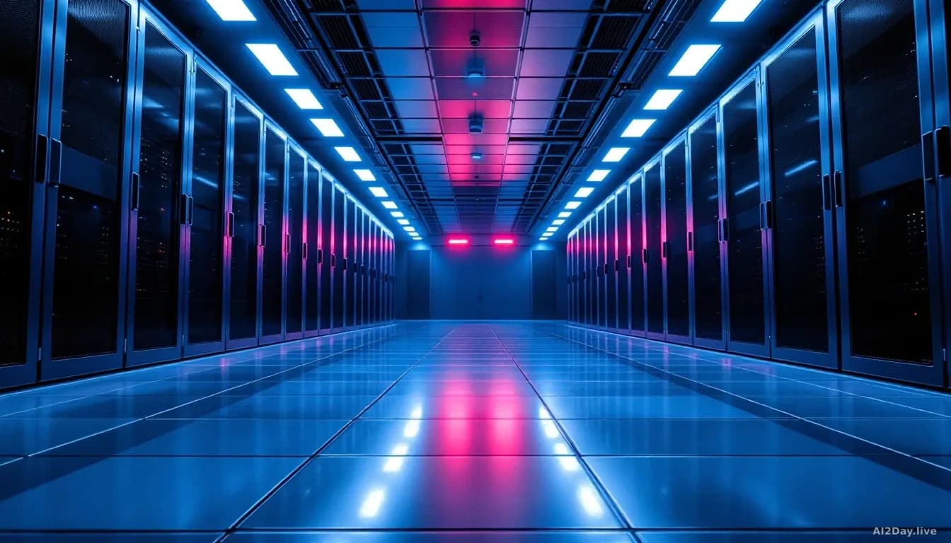 A large server room bathed in cold blue emergency lighting, rows of inactive server racks with dark indicator panels, a single red warning light reflected acros