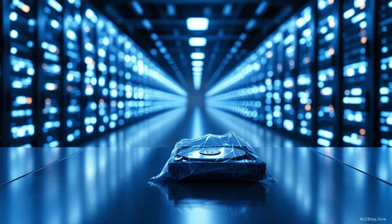 Photoreal news-editorial 16:9 image of a vast dark server room with hundreds of blinking rack lights stretching into the distance, a single forensic evidence ba