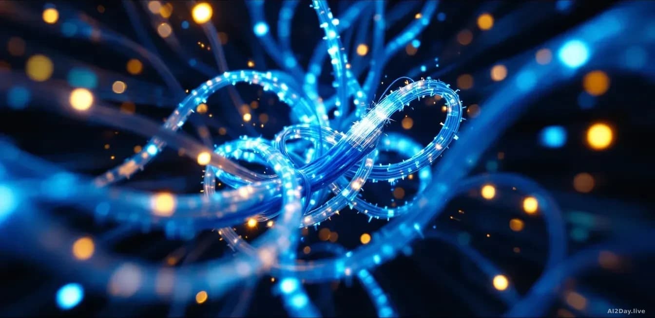 Macro view of a tangled knot of glowing fiber optic cables pulsing with light, set against a dark server room background, with some cables dimming and flickerin