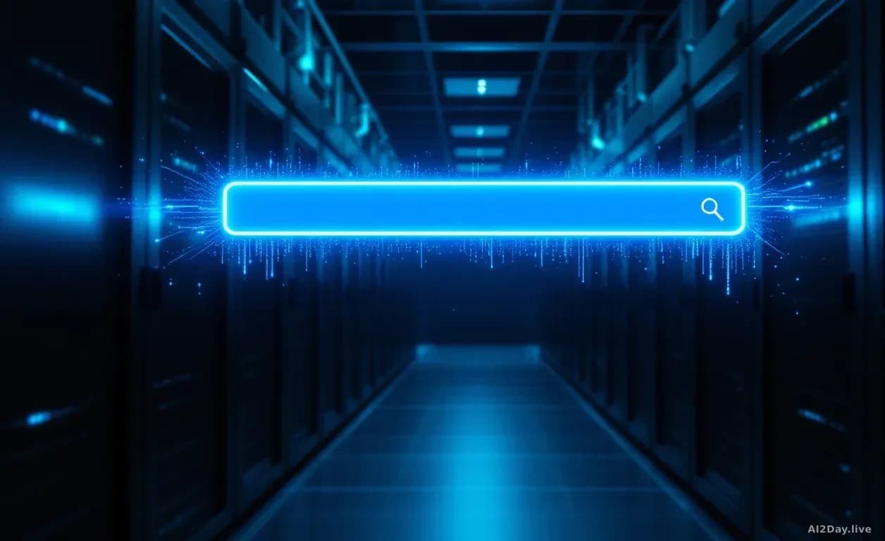 Full-frame edge-to-edge photoreal news-editorial image of a glowing blue search bar floating above a dark server-room aisle, faint data streams leaking sideways