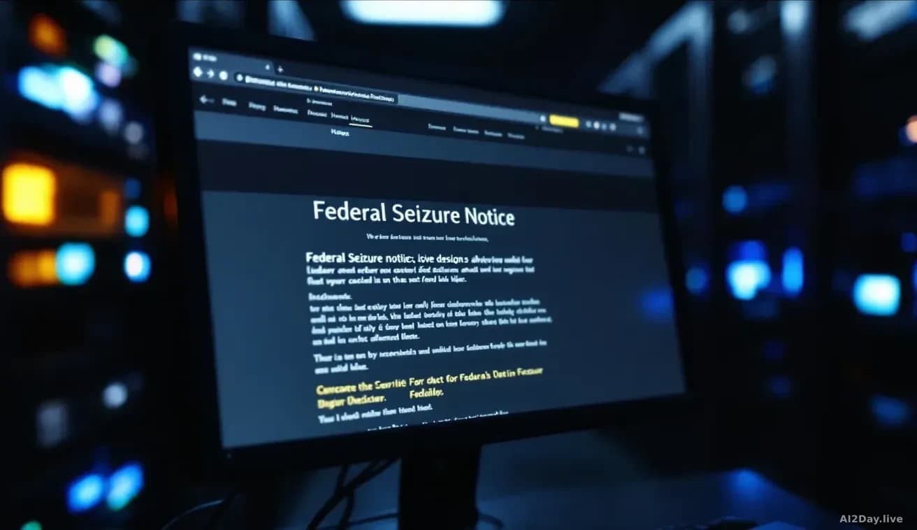 Full-frame edge-to-edge photoreal image of a federal seizure notice style web page displayed on a dark monitor in a dim server room, faint blue glow from rack L