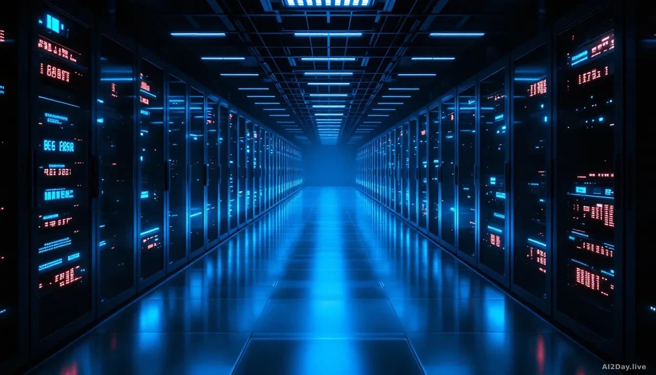 Photoreal news-editorial overhead shot of a darkened government data center aisle with cool blue server rack indicator lights stretching to vanishing point, fai