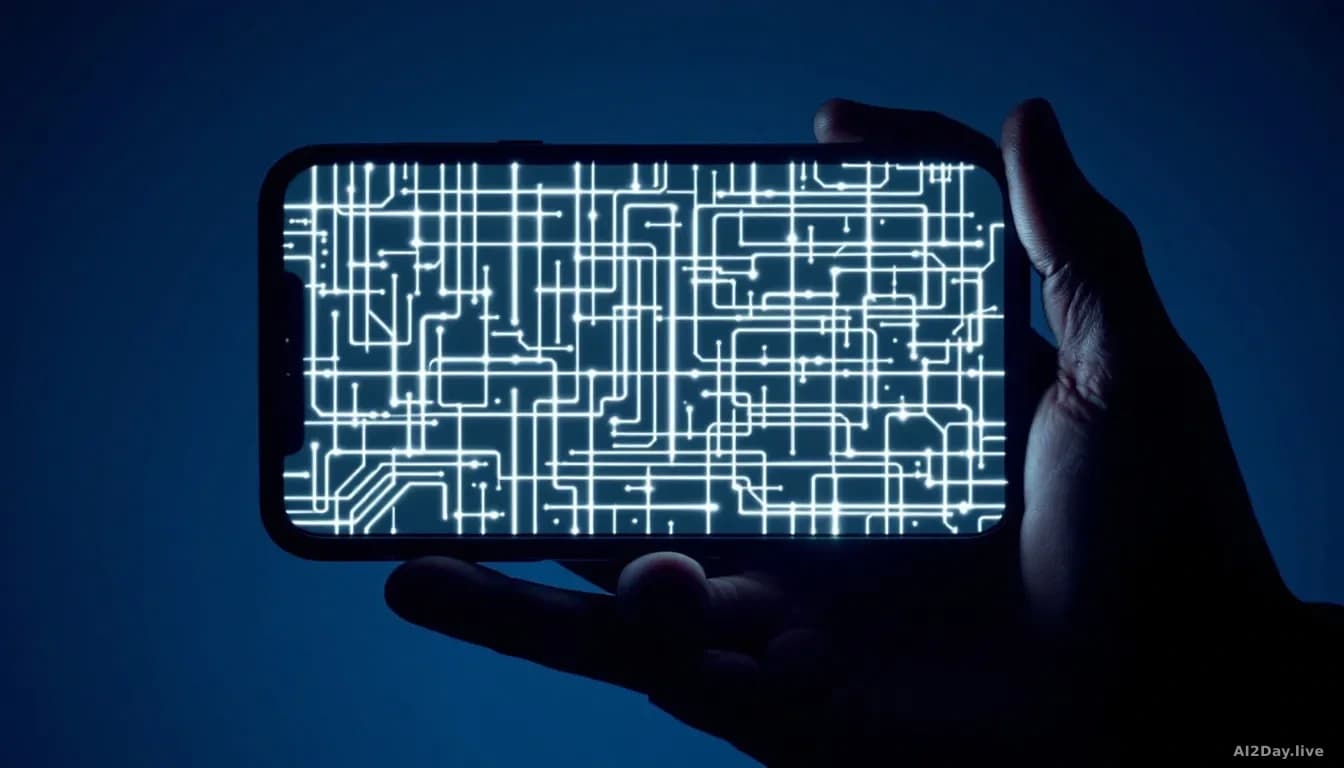 Full-frame edge-to-edge photoreal news-editorial image of a generic smartphone held in shadowed hands against a deep blue background, the screen showing an abst