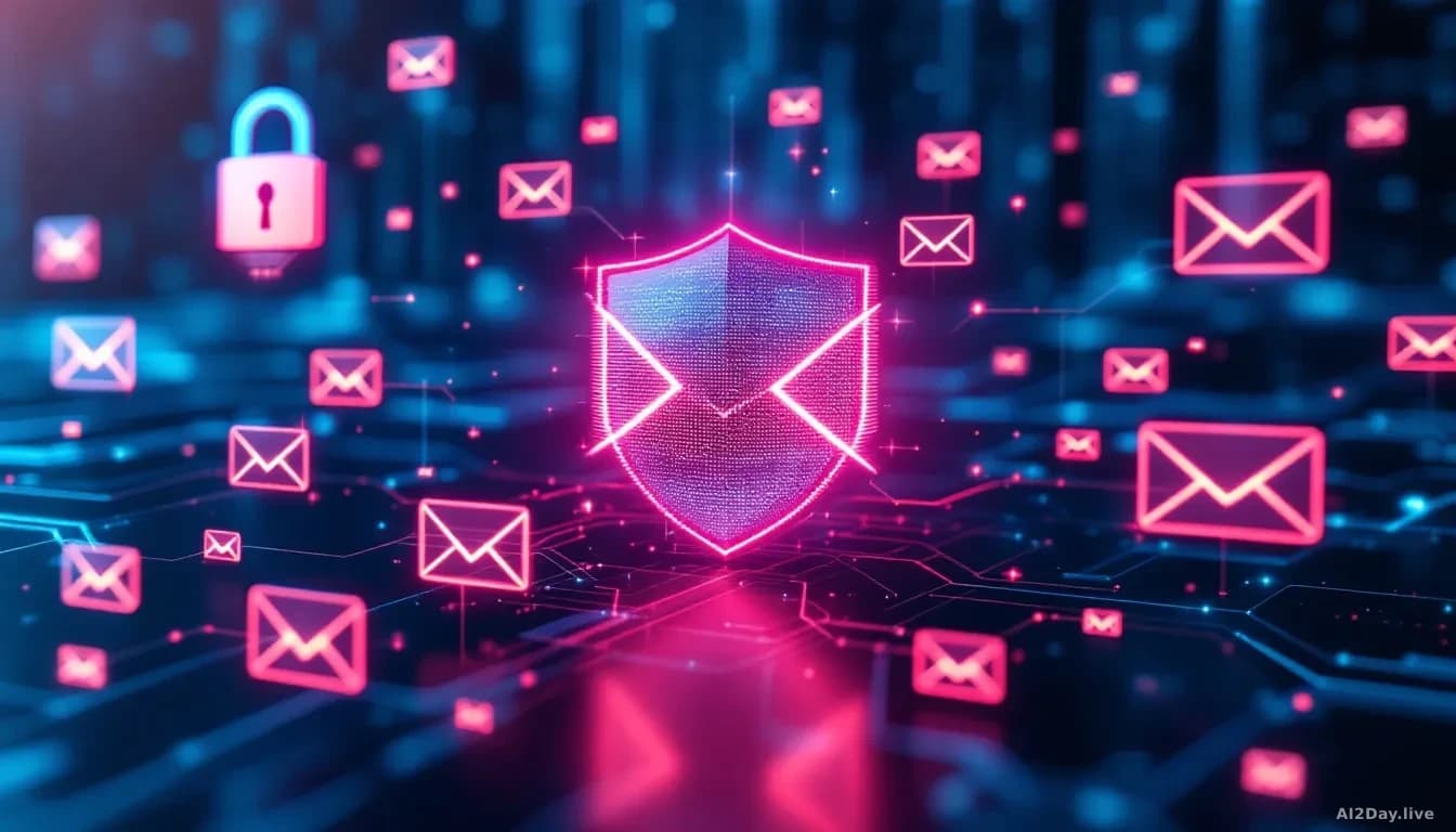 A digital representation of cybersecurity shields and email icons, illustrating the concept of email security