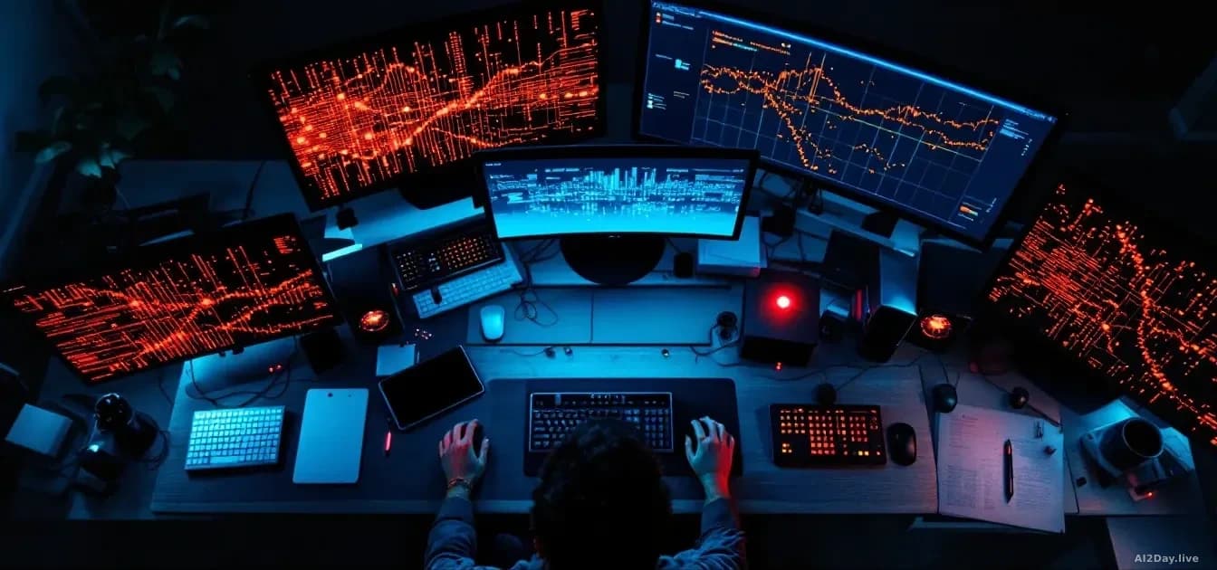 Full-frame edge-to-edge overhead photoreal shot of a cluttered analyst desk at night, multiple monitors showing abstract grid patterns and red and amber dots, o
