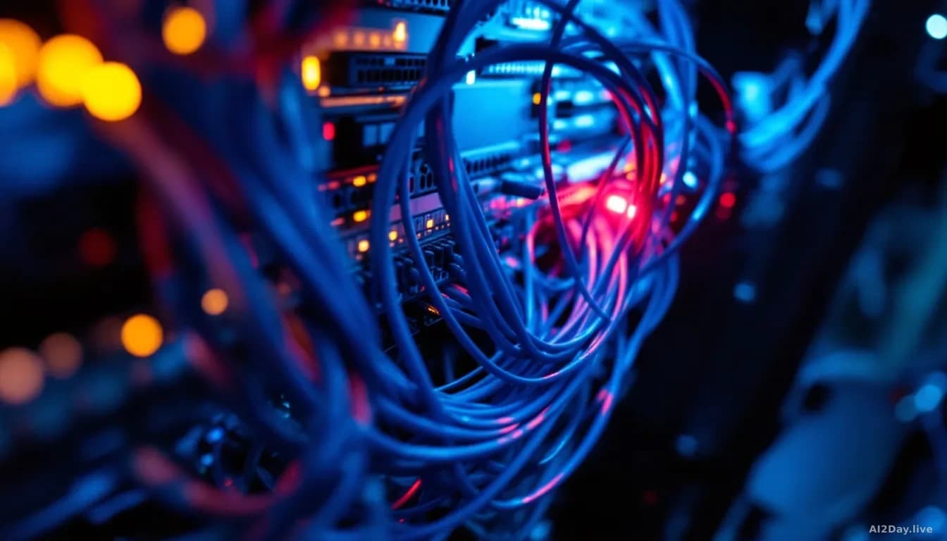 Full-frame edge-to-edge overhead photoreal shot of a tangled fibre-optic patch panel in a network operations centre, dim blue and amber rack lighting, one cable