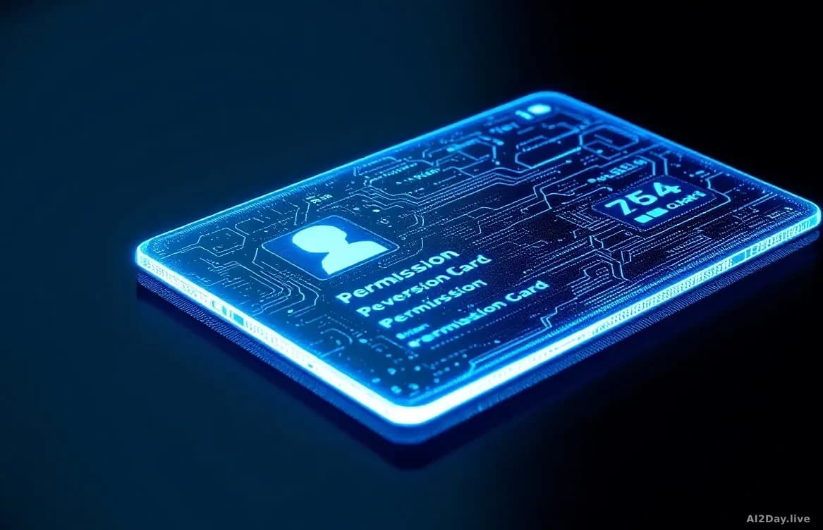 A sleek, minimalist government-style digital identity card rendered as a glowing holographic object floating above a dark reflective surface, with abstract circ