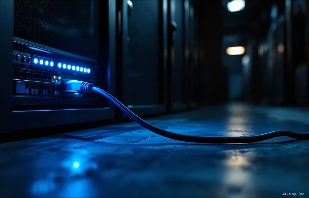 Full-frame edge-to-edge photoreal news-editorial image of a darkened small-office server rack in a European industrial workshop, faint blue indicator LEDs refle