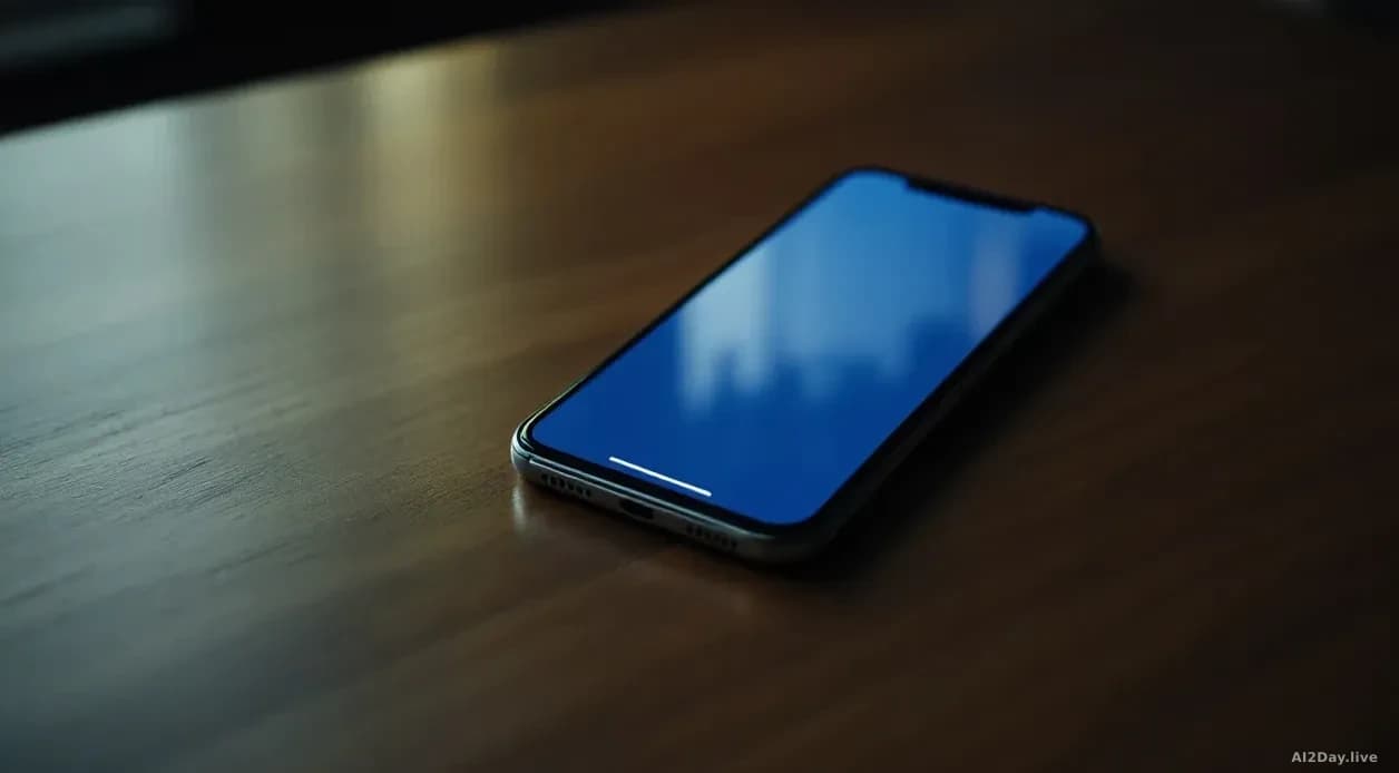 Full-frame editorial photo of a dimly lit smartphone on a wooden desk displaying a generic blue messaging app interface, soft window light from the left, faint 