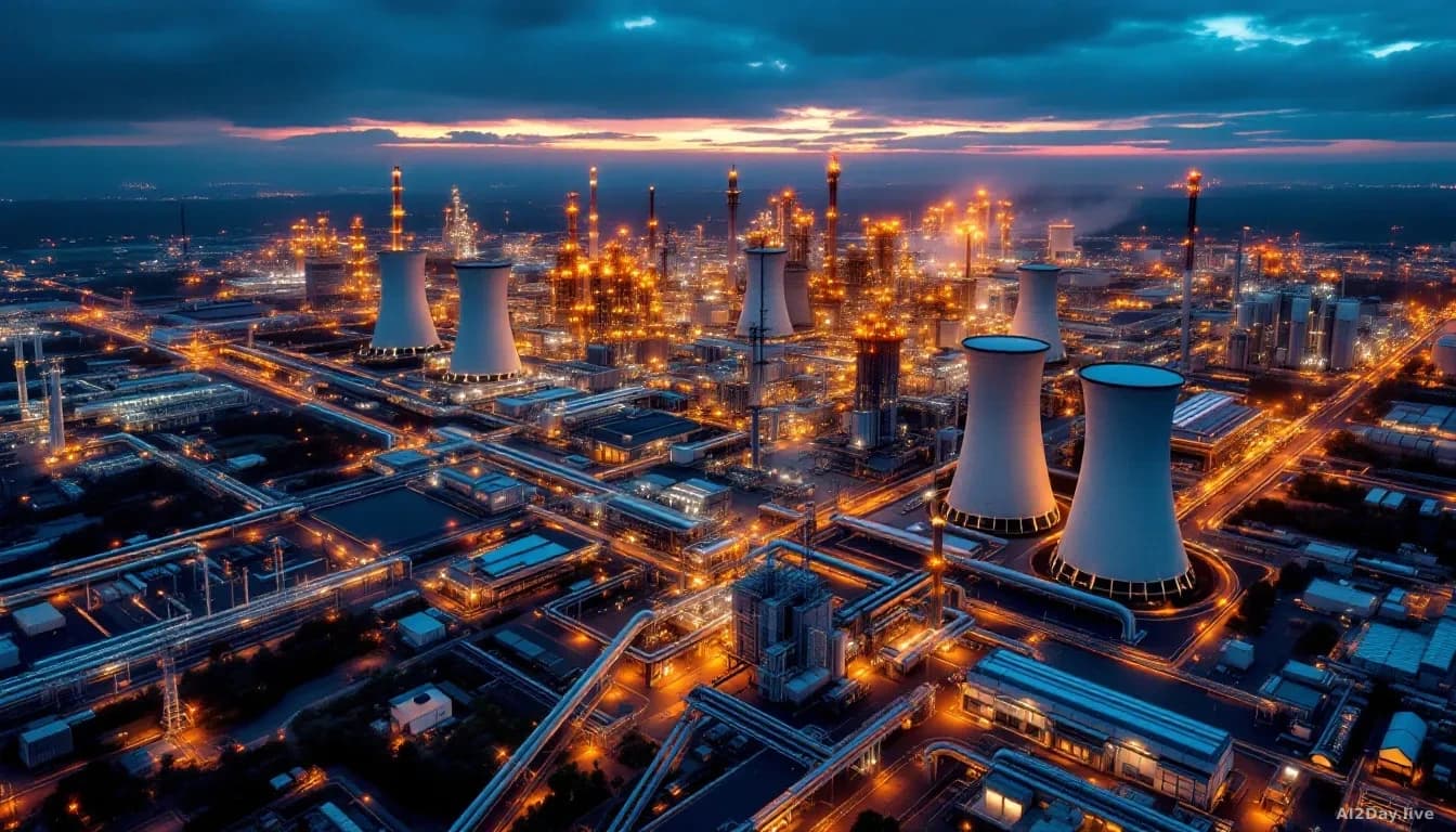 Aerial photorealistic 16:9 editorial photograph of a sprawling industrial facility at dusk — pipelines, cooling towers, and electrical substations lit by amber 