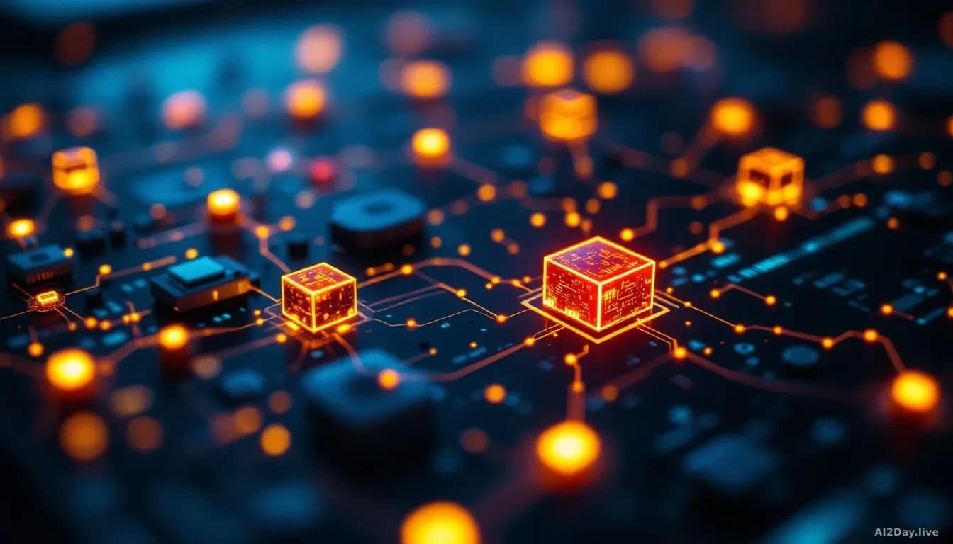 Full-frame edge-to-edge photoreal overhead view of a developer workstation with abstract glowing package nodes connected by lines, one node highlighted in red i