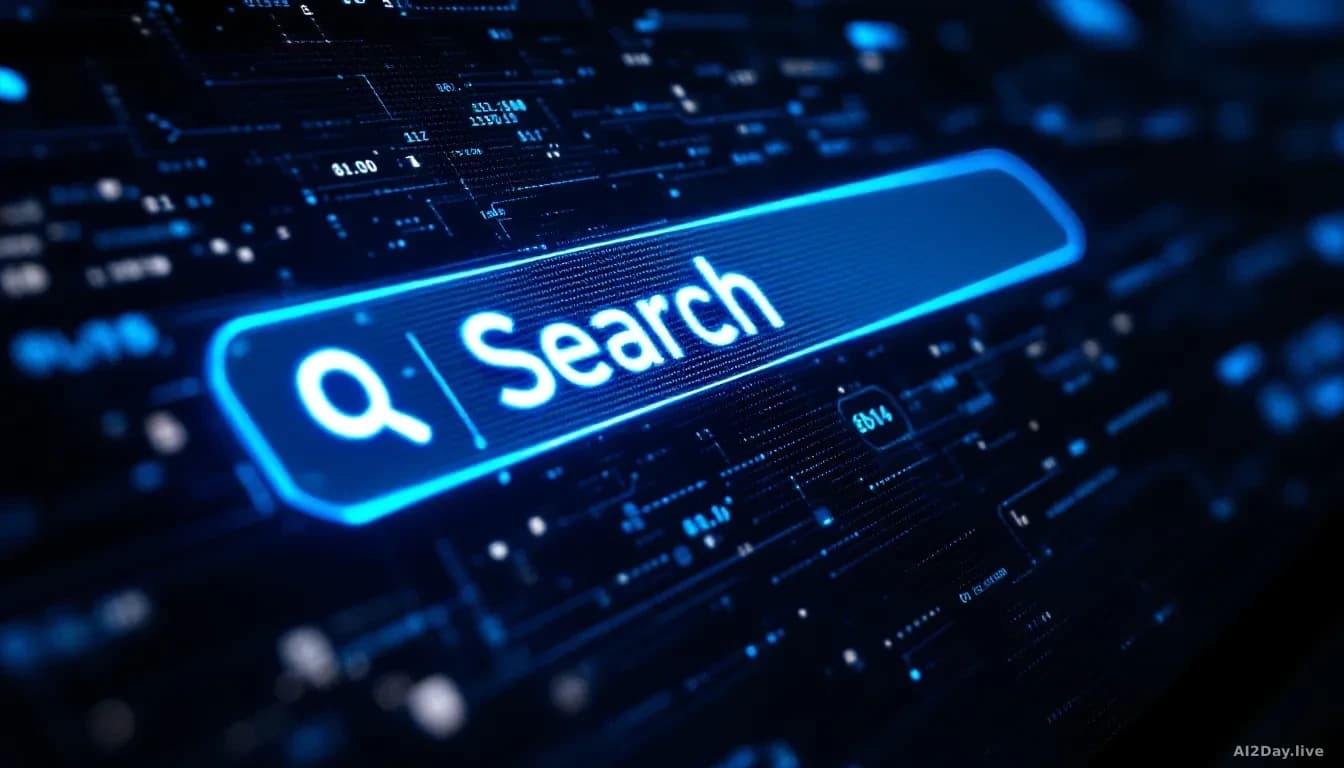 Macro close-up of a glowing blue search bar interface on a dark enterprise dashboard screen, with faint streams of data characters flowing outward from the inpu