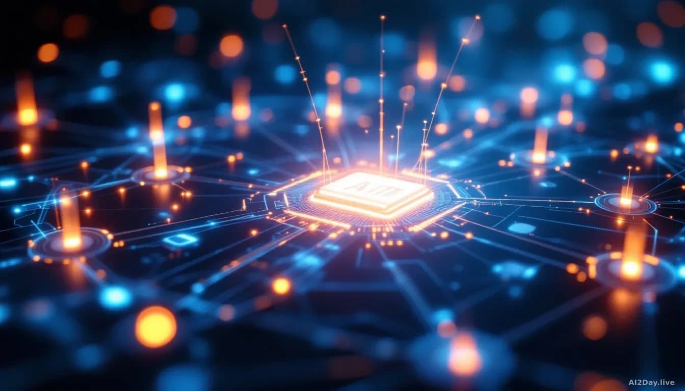 A digital visualization of interconnected AI agents interacting with a central computer system, showing glowing lines indicating data flow