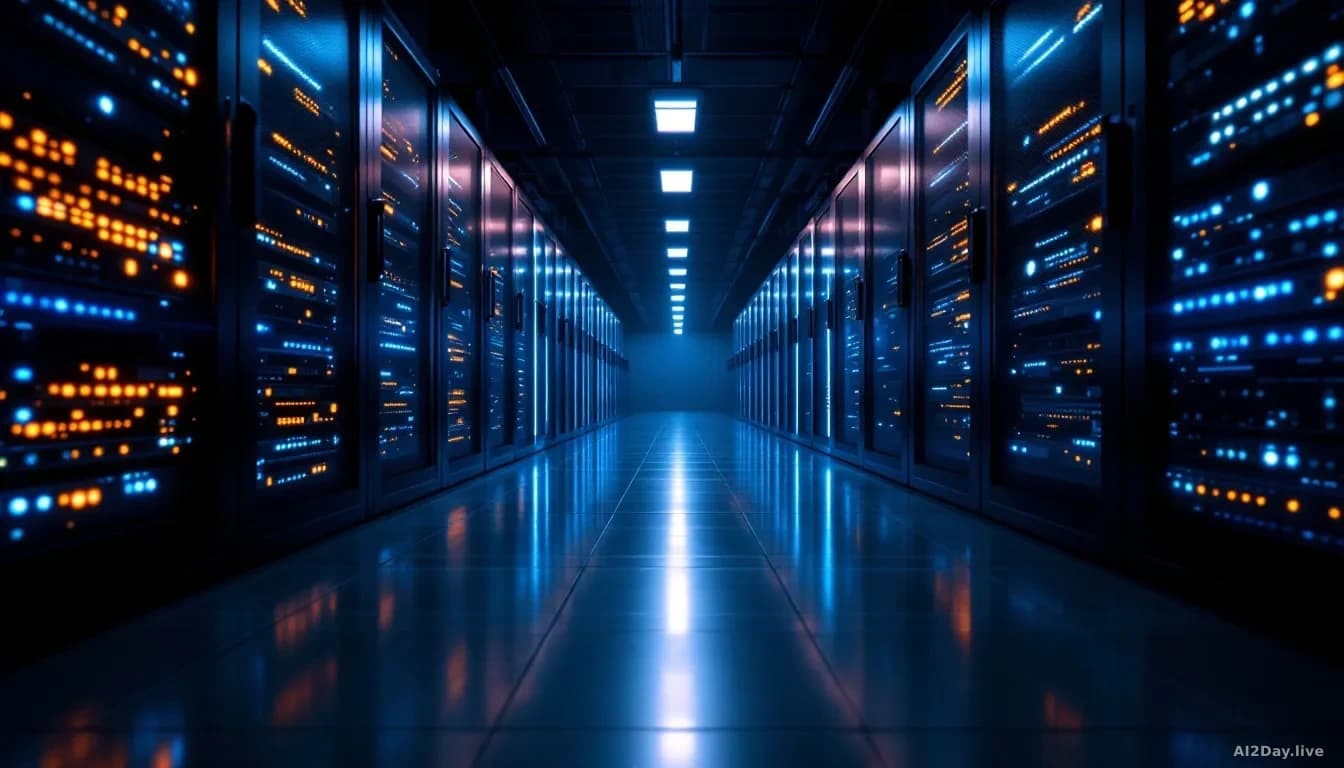 Photoreal news-editorial 16:9 image of a vast server room at night, rows of glowing rack-mounted hardware receding into darkness, cool blue and amber indicator 