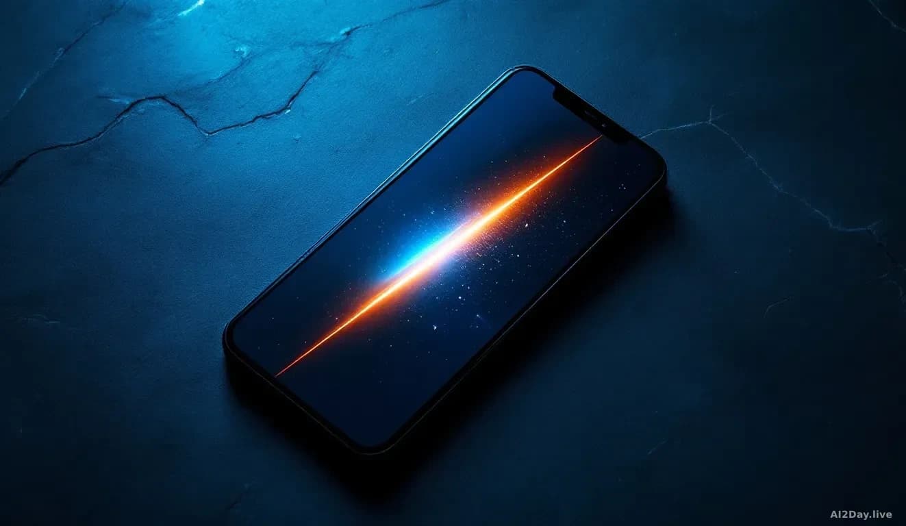 Full-frame edge-to-edge overhead photo of an unbranded modern smartphone on a deep slate surface, a subtle illuminated checkpoint barrier graphic implied by a s