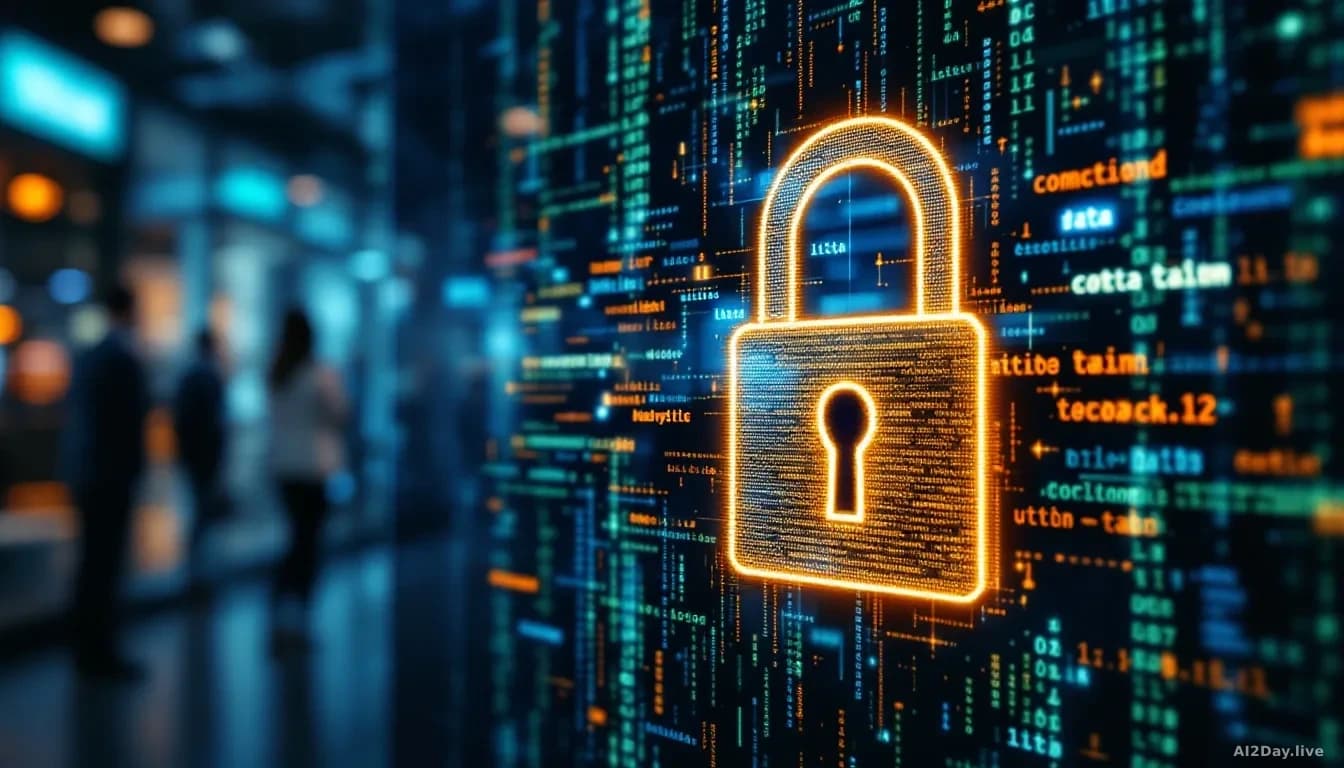 A digital lock symbolizing data breach in a corporate setting, with abstract code overlay