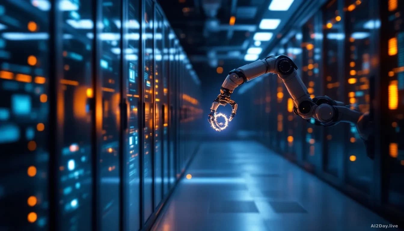 Full-frame edge-to-edge photoreal editorial image of an empty modern server room with a single illuminated robotic arm reaching toward a glowing network port, c