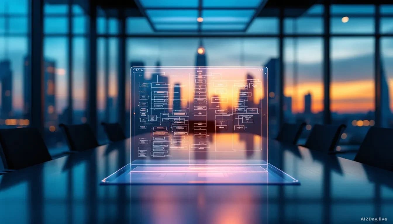 A modern glass-and-steel corporate office interior at dusk, two overlapping organizational charts printed on translucent acetate sheets resting on a dark confer