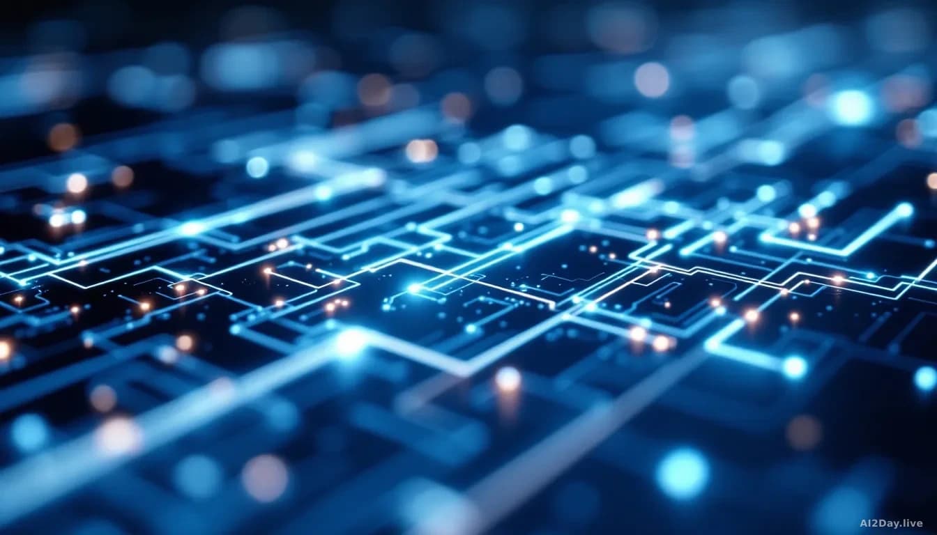 Extreme close-up of a dense grid of glowing quantum circuit traces on a dark matte surface, cool blue and pale white light, shallow depth of field pulling the g