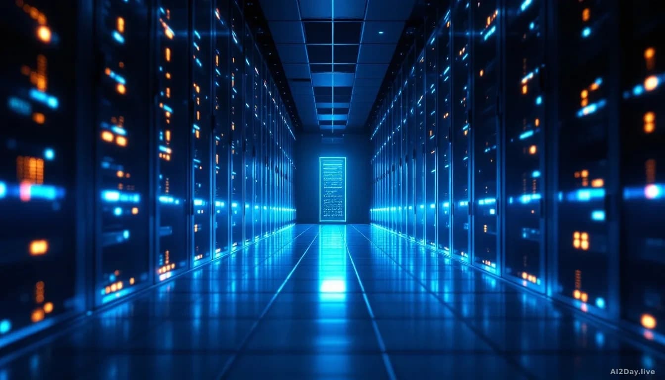 Photoreal news-editorial 16:9 photograph of a dark server room filled with rows of blinking rack-mounted hardware, cool blue and amber indicator lights reflecti