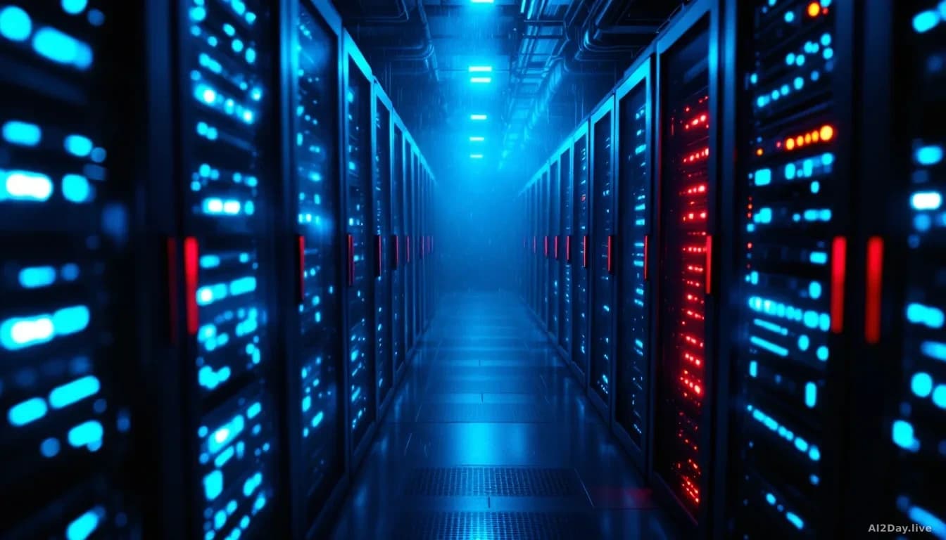 Full-frame edge-to-edge overhead photoreal view of a dimly lit server rack room with cool blue indicator lights, one rack illuminated by a harsh red warning glo