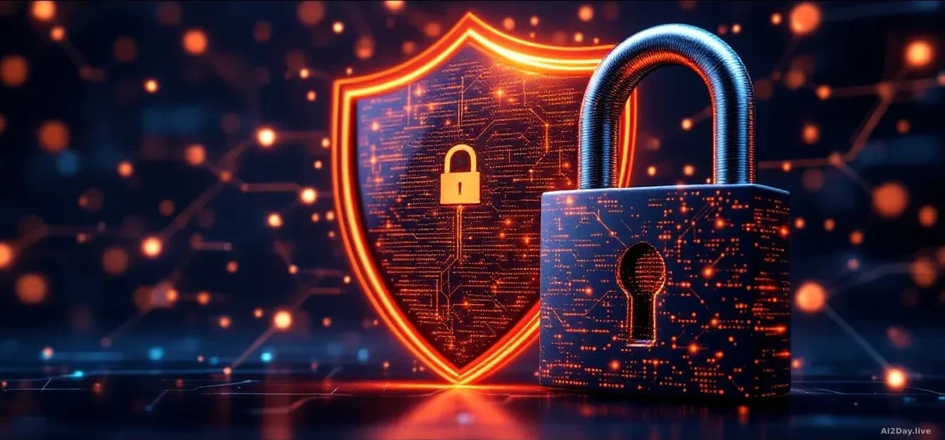 A digital illustration of a shield and a lock symbolizing cybersecurity in AI, with a neural network pattern in the background