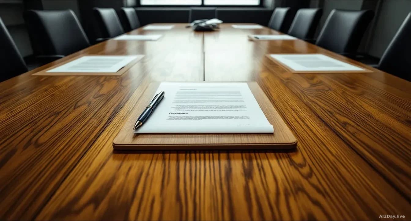 A heavy oak boardroom table viewed from a low angle, scattered with unsigned contract pages and a single ballpoint pen, harsh fluorescent overhead lighting cast