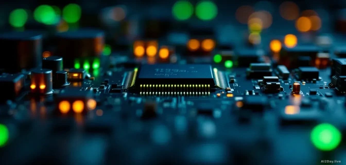 Macro photograph of a circuit board with green and amber indicator lights glowing in low light, selective focus on a single chip at center, dark background with