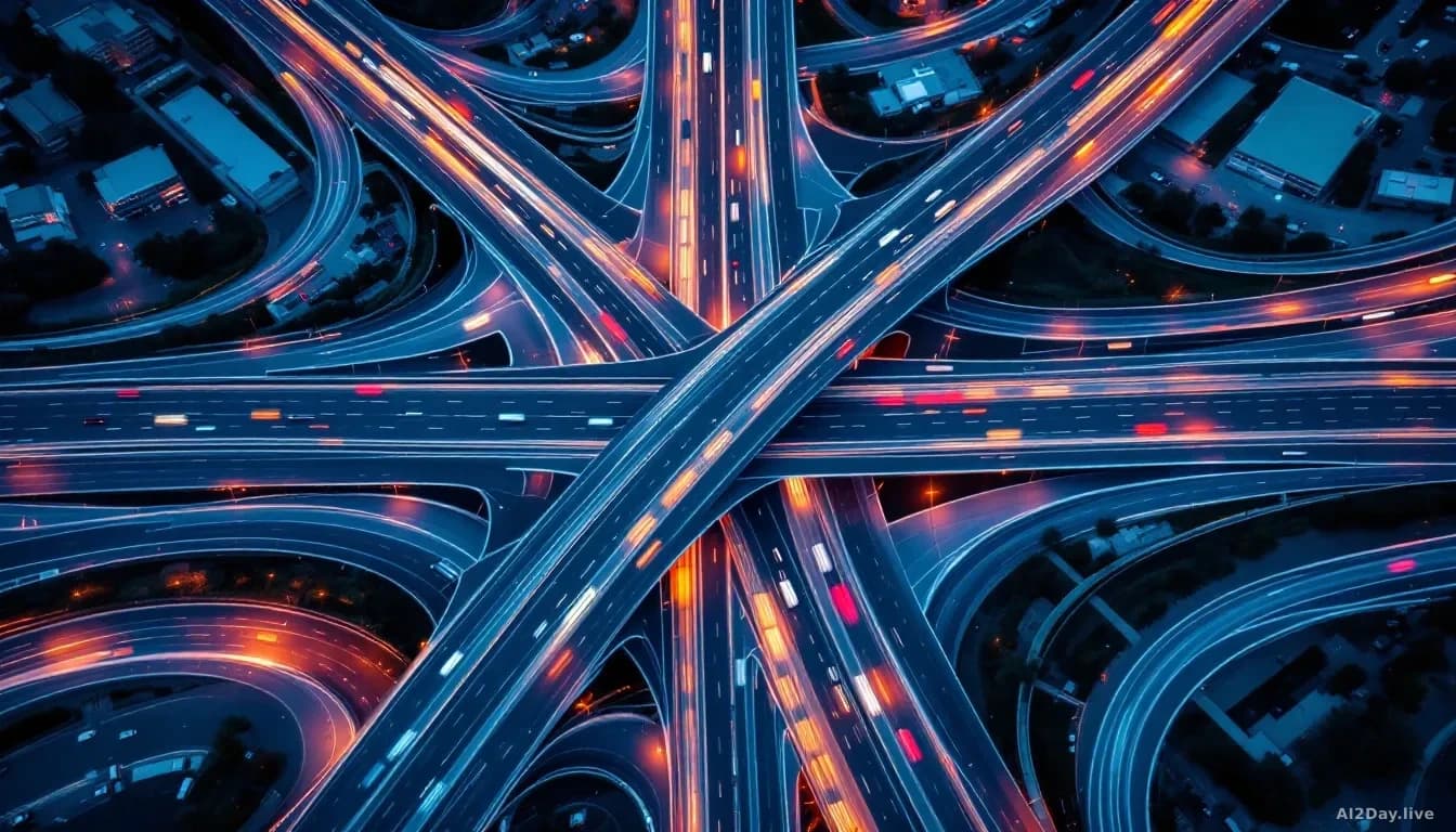 Aerial view of a vast modern highway interchange at dusk, concrete lanes splitting and merging with precision, motion-blur streaks of vehicle lights tracing pat