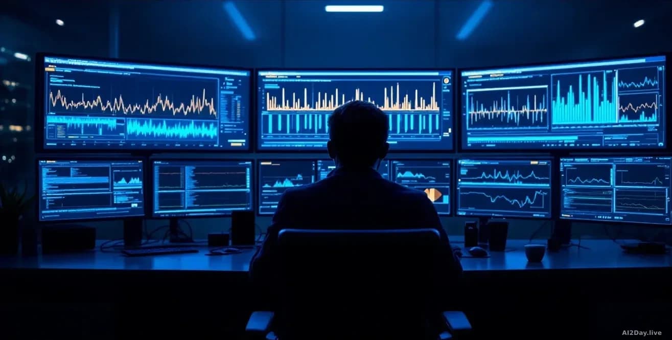 Photoreal news-editorial shot of a dimly lit security operations center, multiple monitors showing abstract network flow visualizations and packet capture wavef