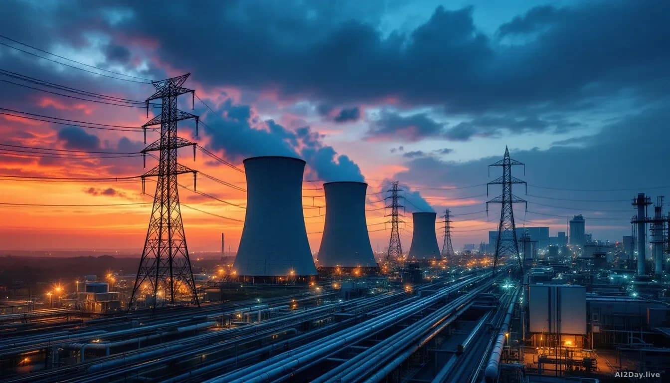 Aerial 16:9 editorial photograph of a large modern industrial facility at dusk, cooling towers and transmission lines silhouetted against a deep orange sky, com