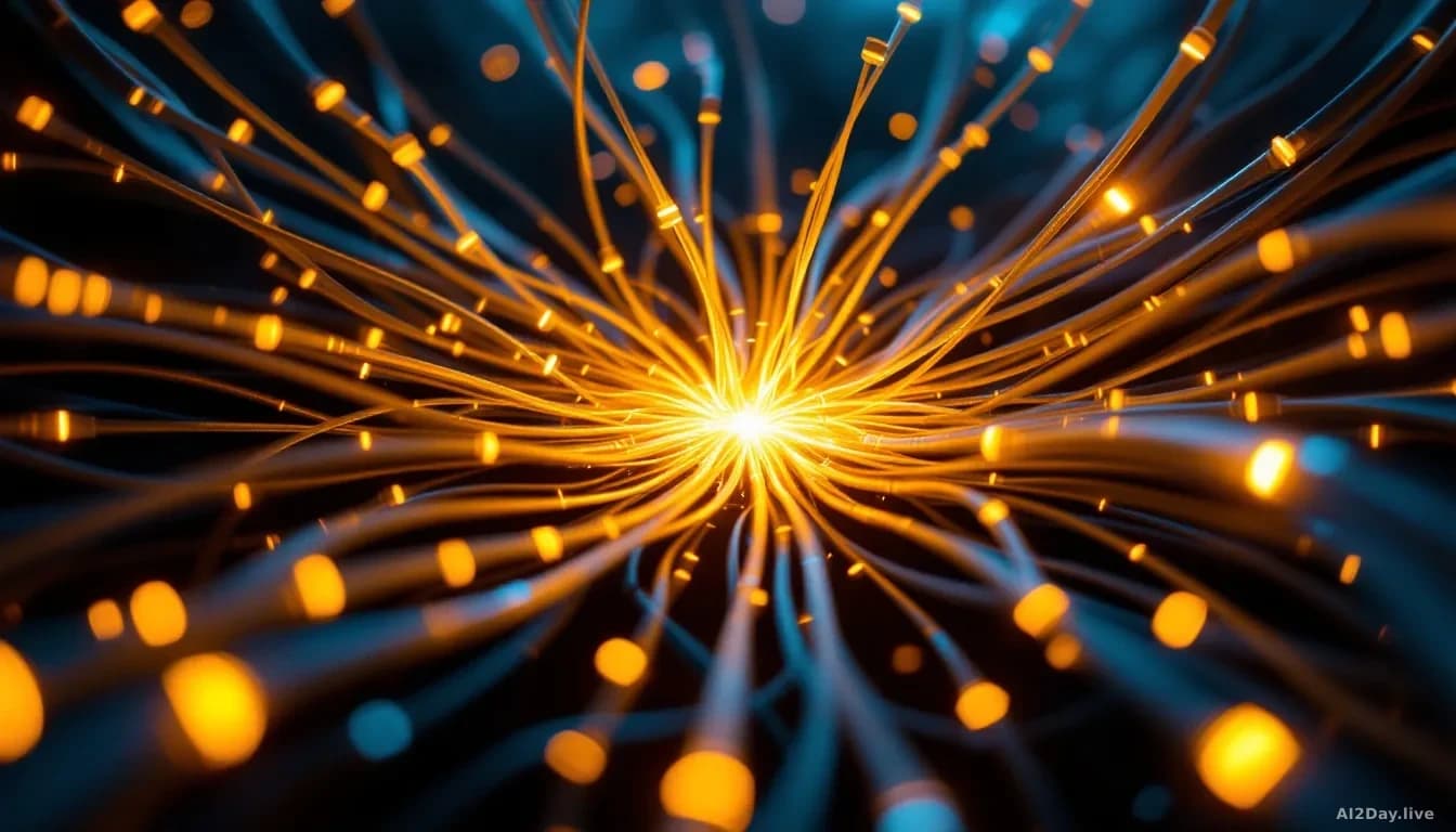 A dense tangle of illuminated fiber-optic cables converging into a glowing central junction node, shot from slightly above at a low angle, deep blacks in the ba