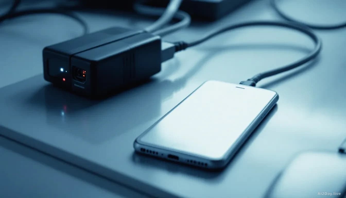 Full-frame edge-to-edge photoreal news-editorial image of a generic silver smartphone lying face down on a steel evidence tray, connected via a thick gray data 