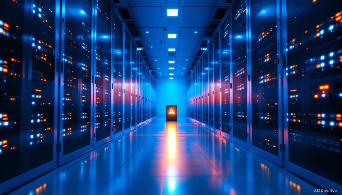 Photoreal news-editorial 16:9 image of a large server room bathed in cool blue ambient light, rows of blinking rack servers receding into the distance, a single