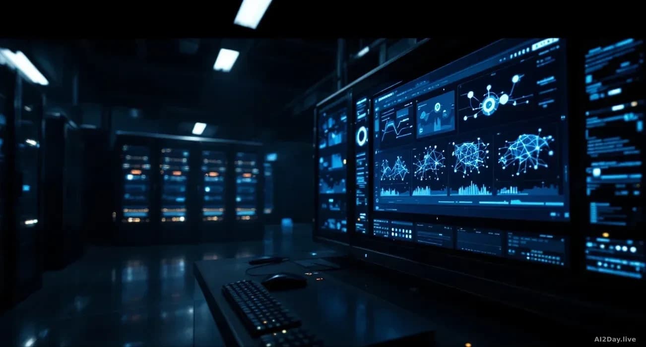 Photoreal news-editorial image of a darkened secure operations room with rack-mounted servers glowing faint blue, a single large monitor showing abstract neural