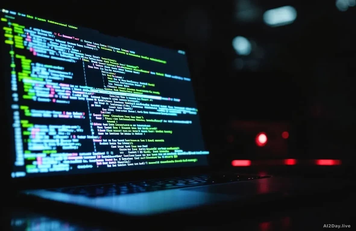 A developer's terminal screen glowing in a dark room, cascading lines of green and white code reflected faintly on a desk surface, a subtle red tint bleeding in