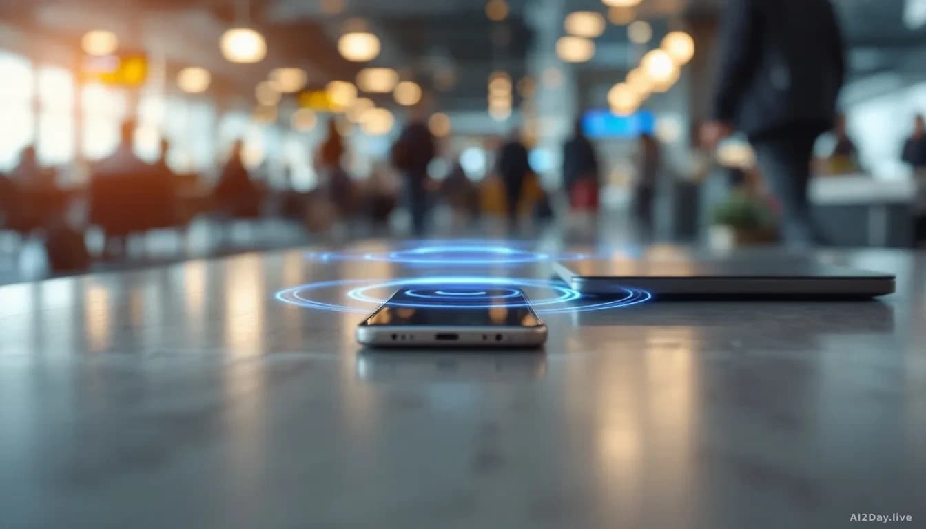 Full-frame edge-to-edge photoreal news-editorial image of a modern smartphone and a laptop on a polished concrete table in a busy airport lounge, soft direction