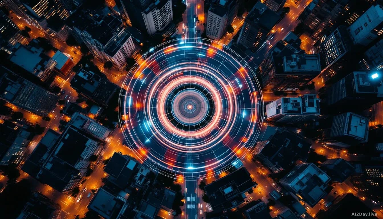 Aerial 16:9 top-down view of an anonymous city grid at dusk, with faint concentric signal-ring overlays radiating from a single city block, cool blue and amber 