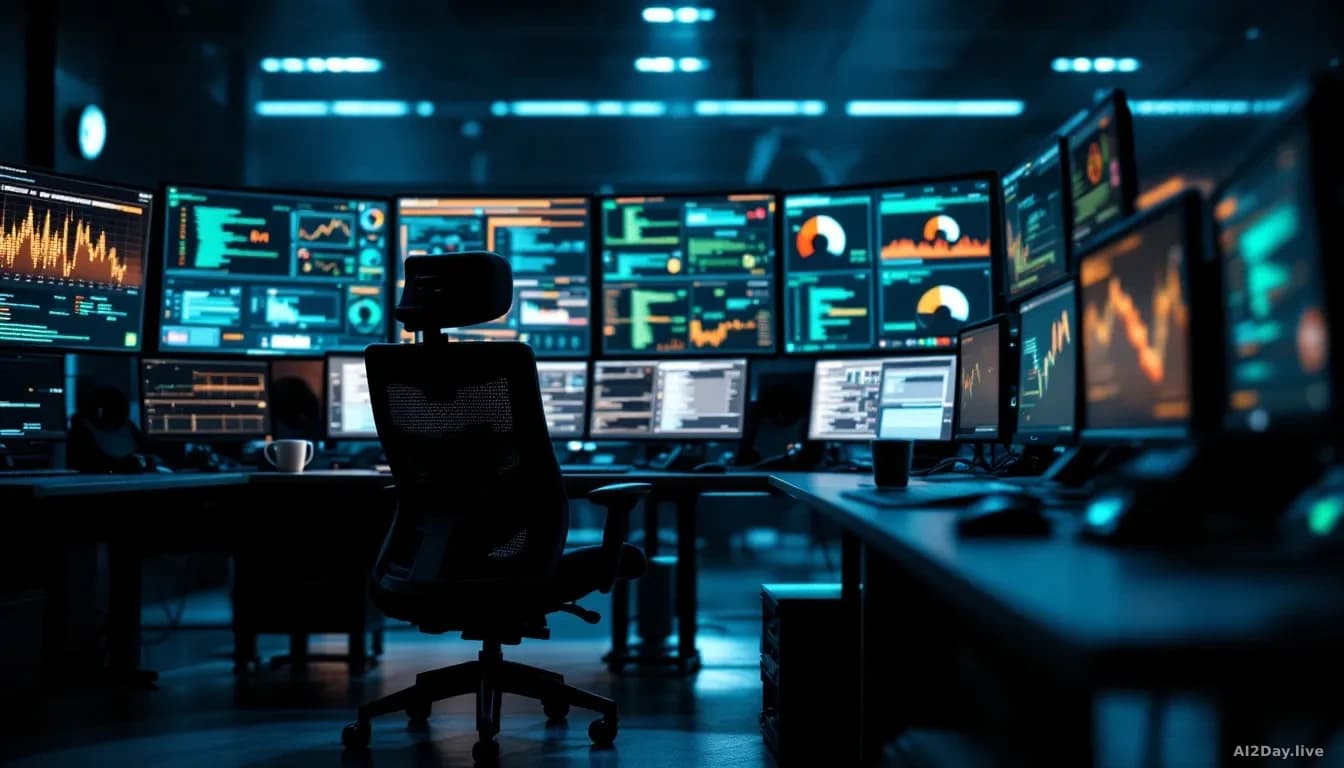 Photoreal editorial shot of a dimly lit network operations center at night, rows of monitors displaying blurred dashboards and green terminal text, an empty rol