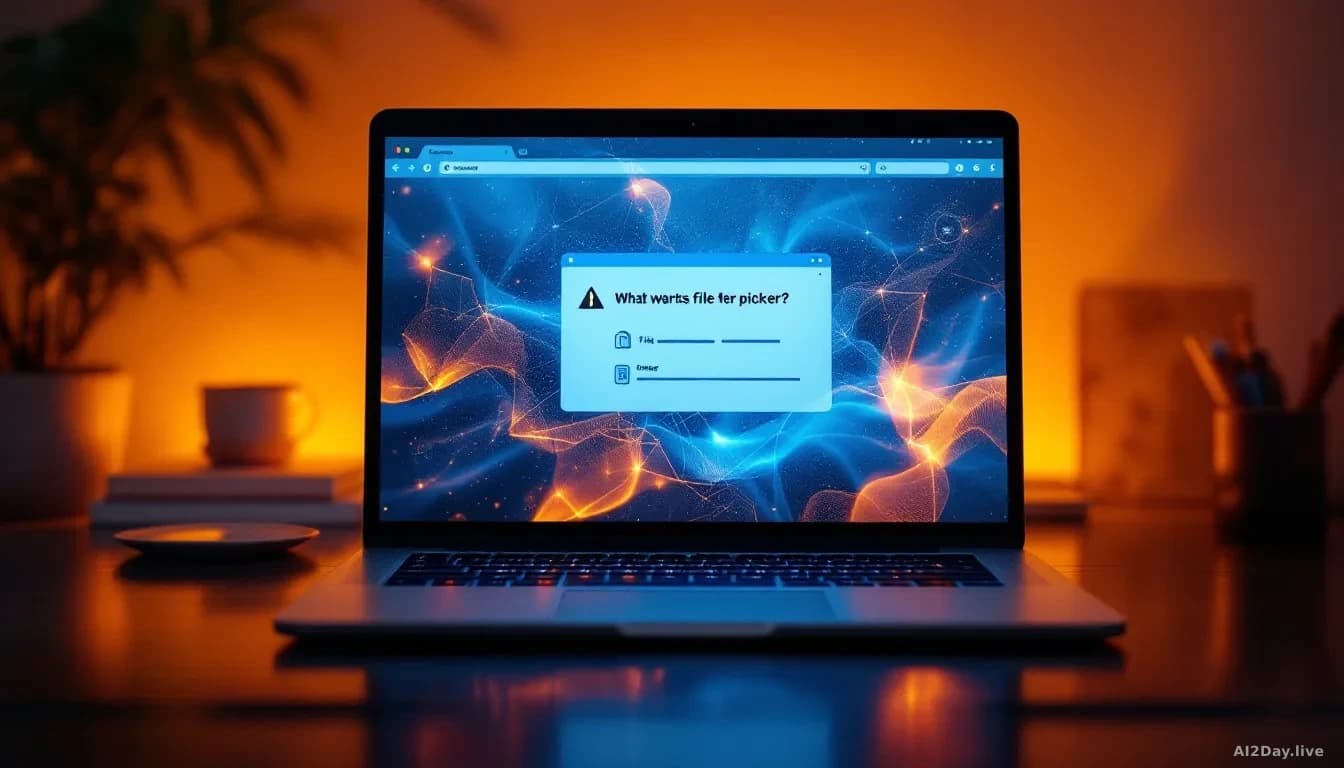 Full-frame edge-to-edge photoreal editorial shot of a laptop screen displaying an abstract browser window with a ghostly file-picker dialog overlay, warm amber 