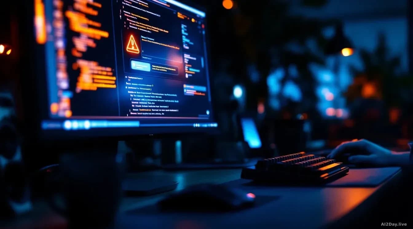 Photoreal editorial shot of a modern software developer's dark desk at night, close on a glowing monitor showing an abstract stalled chat interface with an ambe
