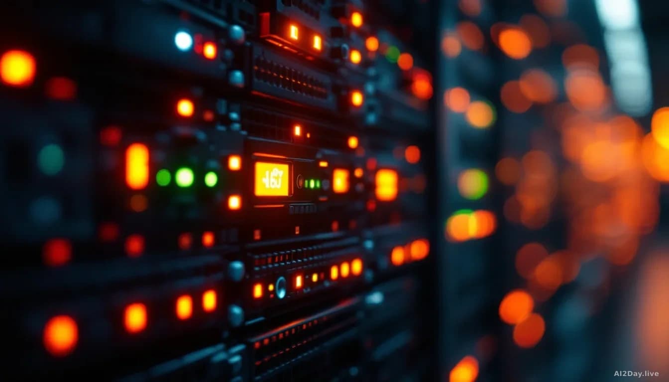 Close-up, editorial news-photography style, of a single illuminated server rack panel in a darkened data centre, with amber and red indicator lights casting a f