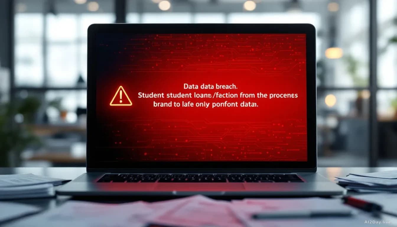 A computer screen displaying a warning message about data breach, in an office environment, with student loan documents scattered on a desk in the foreground